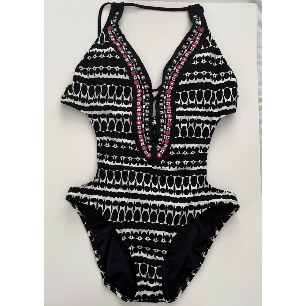 Nanette Lepore Grand Bazaar Seductress Monokini Beaded Plunge Cutout Halter L - Picture 1 of 10